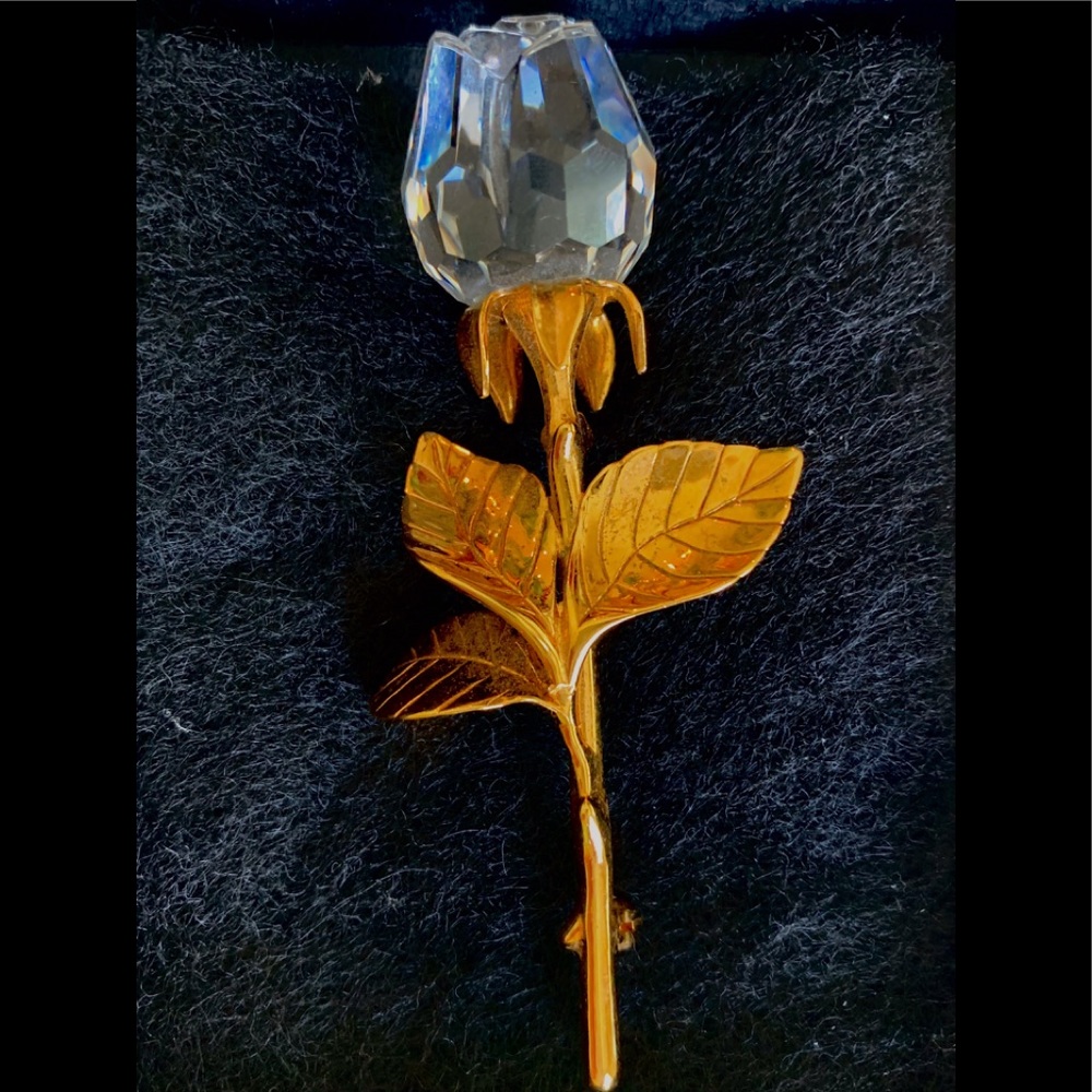 Swarovski Crystal Rose and Gold Tone Brooch Pin
